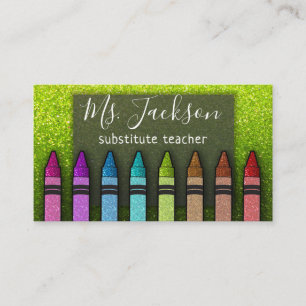 Chalkboard Teacher's Name Rainbow Glitter Crayons Business Card