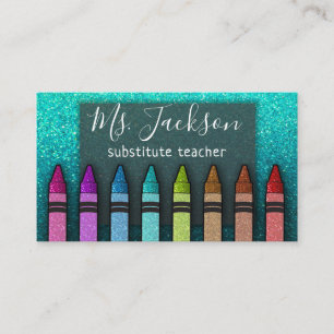 Chalkboard Teacher's Name Rainbow Glitter Crayons Business Card