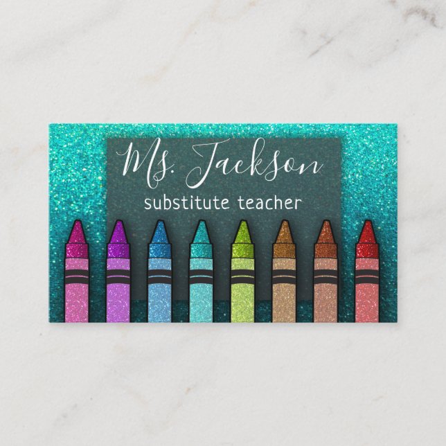 Chalkboard Teacher's Name Rainbow Glitter Crayons Business Card (Front)