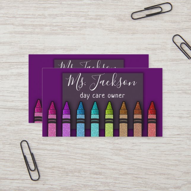 Chalkboard Teacher's Name Rainbow Glitter Crayons  Business Card (Front/Back In Situ)