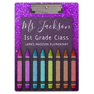 Chalkboard Teacher's Name Rainbow Glitter Crayons Clipboard