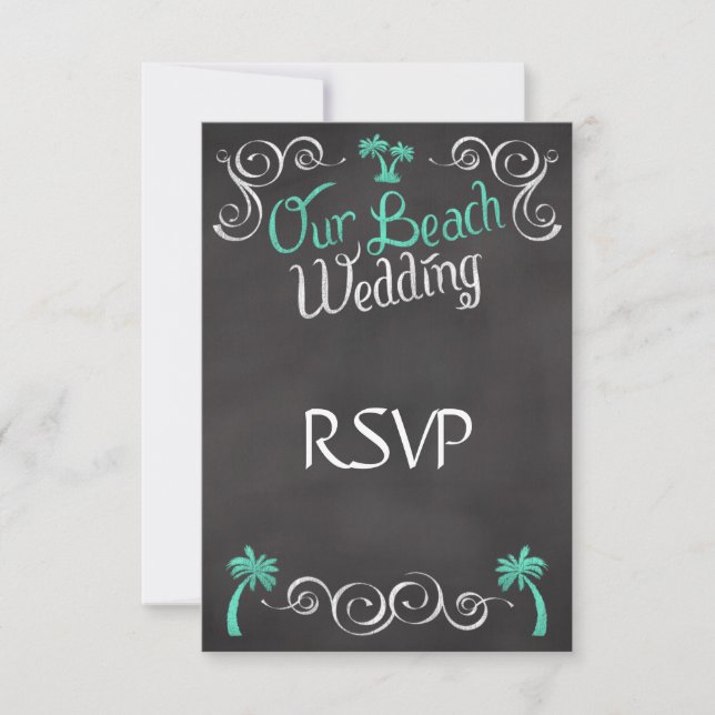 Chalkboard Teal Beach Wedding Matching RSVP Reply (Front)