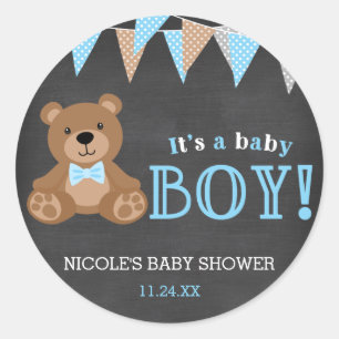 Chalkboard Teddy Bear Boy Baby Shower Classic Round Sticker