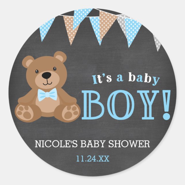 Chalkboard Teddy Bear Boy Baby Shower Classic Round Sticker (Front)