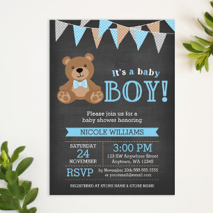 Chalkboard Teddy Bear Boy Baby Shower Invitation