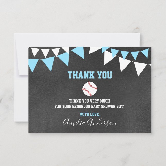Chalkboard THANK YOU Blue BASEBALL BOY baby shower Card (Front)