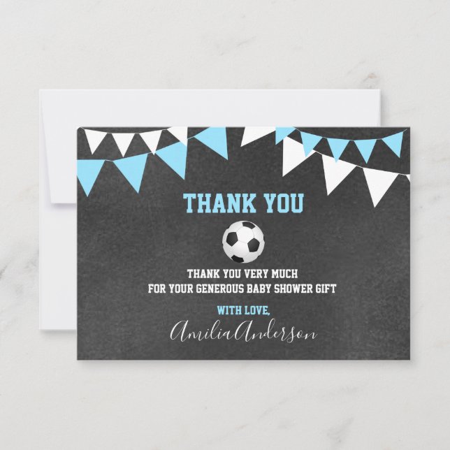 Chalkboard THANK YOU Blue SOCCER BOY baby shower (Front)