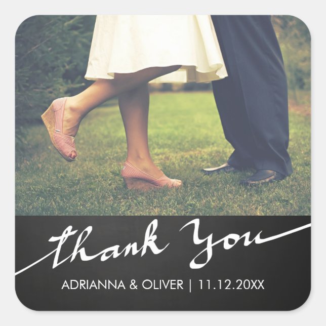 Chalkboard Thank You Typography Wedding Photo Square Sticker (Front)