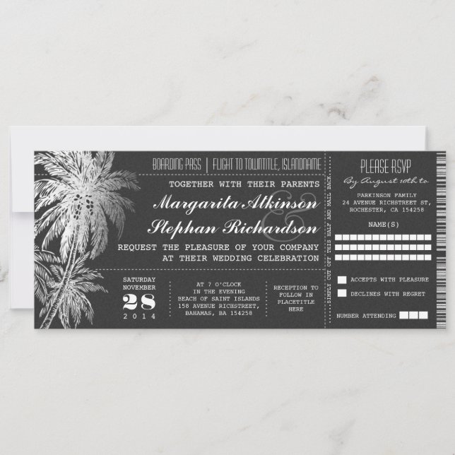 Chalkboard ticket destination wedding invitations (Front)