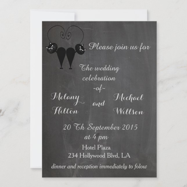 Chalkboard trendy funny cat love couple wedding invitation (Front)