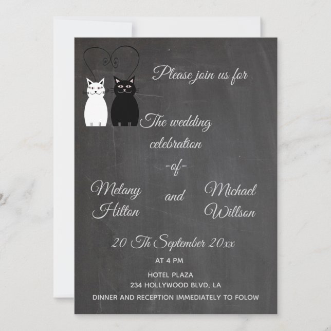 Chalkboard trendy funny cute cat couple wedding invitation (Front)