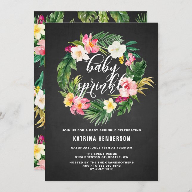 Chalkboard Tropical Flowers Wreath Baby Sprinkle Invitation (Front/Back)