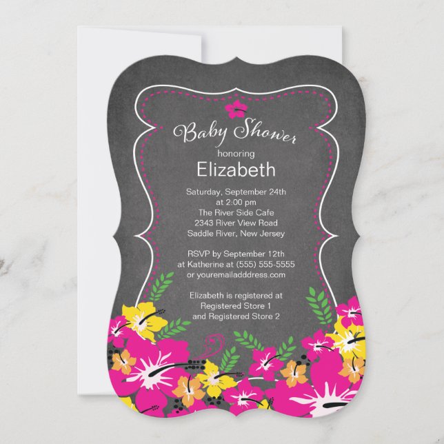 Chalkboard Tropical Hibiscus Flowers Baby Shower Invitation (Front)