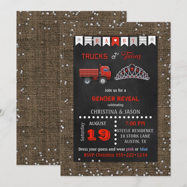 Chalkboard Trucks or Tiaras Red Grey Gender Reveal Invitation (Front/Back)
