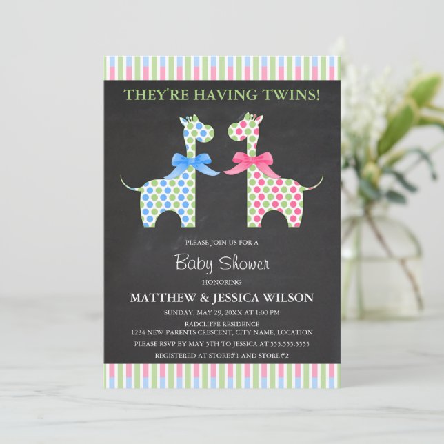 Chalkboard Twin Boy and Girl Giraffe Baby Shower Invitation (Standing Front)