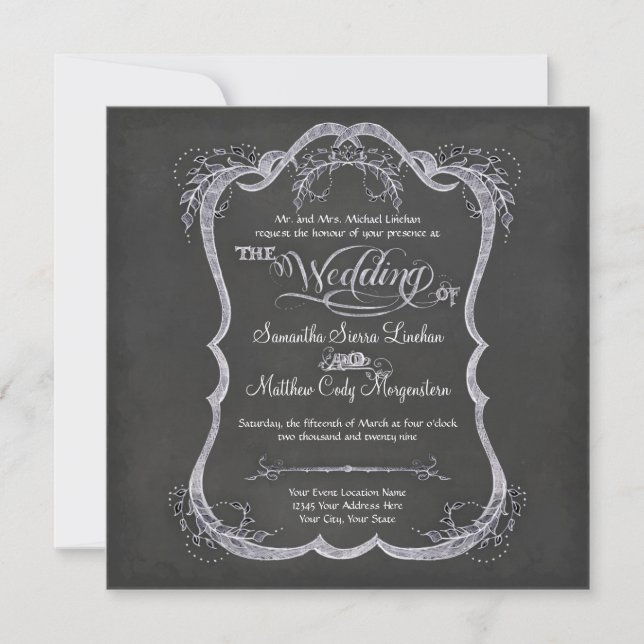 Chalkboard Typographic Leaf Swirl Rustic Wedding Invitation (Front)