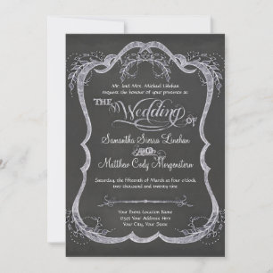Chalkboard Typographic Leaf Swirl Rustic Wedding Invitation