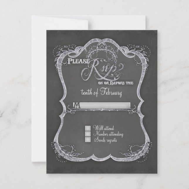 Chalkboard Typographic Leaf Swirl Rustic Wedding RSVP Card (Front)