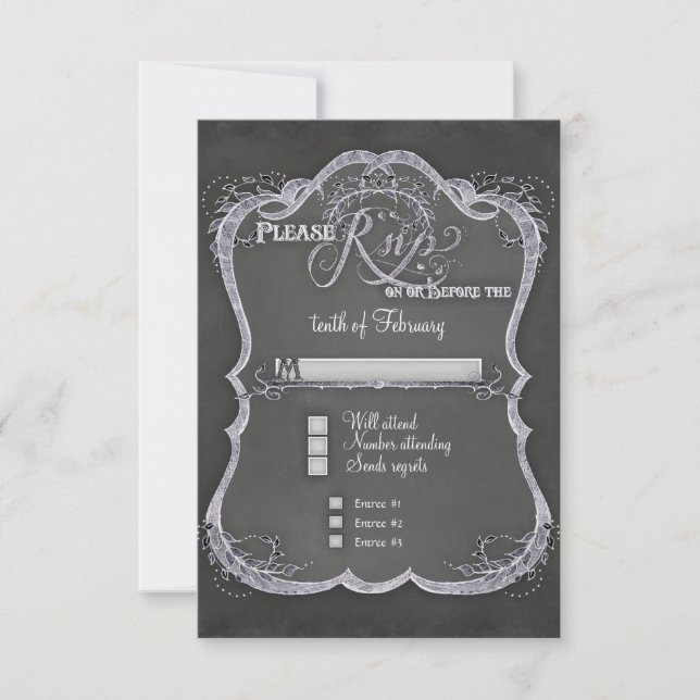 Chalkboard Typographic Leaf Swirl Rustic Wedding RSVP Card (Front)