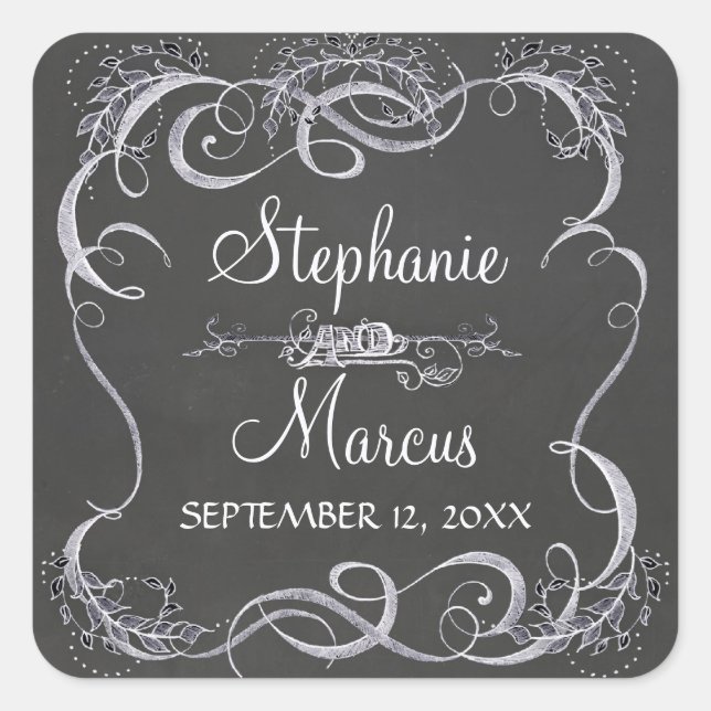 Chalkboard Typographic Leaf Swirl Rustic Wedding Square Sticker (Front)