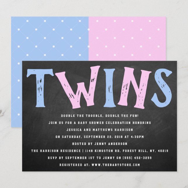 Chalkboard Typography Boy & Girl Twins Baby Shower Invitation (Front/Back)