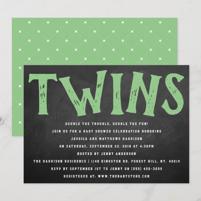 Chalkboard Typography Neutral Twins Baby Shower Invitation (Front/Back)