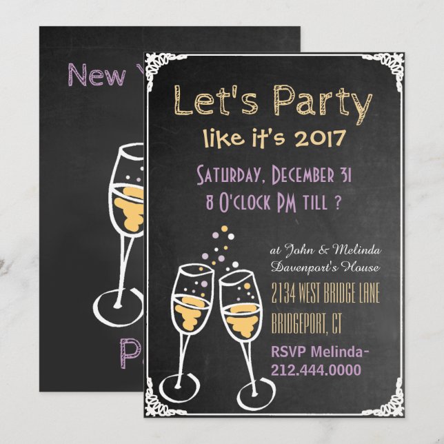 Chalkboard Typography New Years Party Invitation (Front/Back)