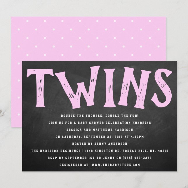 Chalkboard Typography Twin Girls Baby Shower Invitation (Front/Back)