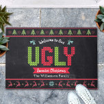 Chalkboard Ugly Christmas Sweater Nordic Knit Fun Doormat<br><div class="desc">“Welcome to our ugly sweater Christmas.” Decorate your entryway in “style” with this unique, fun custom personalised name holiday welcome mat! Nordic knit fair isle pattern of whimsical trees, reindeer, ornaments, along with playful “sweater” typography in red, green and aqua blue, overlay a chalkboard background. Add your family name or...</div>