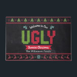 Chalkboard Ugly Christmas Sweater Nordic Knit Fun Doormat<br><div class="desc">“Welcome to our ugly sweater Christmas.” Decorate your entryway in “style” with this unique, fun custom personalised name holiday welcome mat! Nordic knit fair isle pattern of whimsical trees, reindeer, ornaments, along with playful “sweater” typography in red, green and aqua blue, overlay a chalkboard background. Add your family name or...</div>