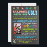 Chalkboard Ugly Christmas Sweater Photo Invitation<br><div class="desc">Super fun ugly sweater Christmas party done in a chalkboard style. Modern lettering, Christmas lights and an ugly sweaters against a blackboard background. Just replace the photo shown here with your photo and adjust to fit. If you need me to set up the invitation please contact me. Hand drawn illustration...</div>