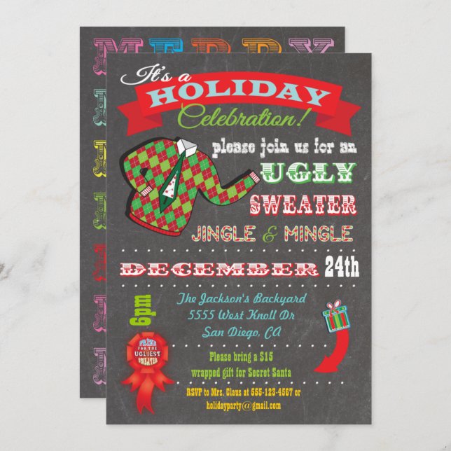 Chalkboard Ugly Sweater Christmas Party Invitation (Front/Back)