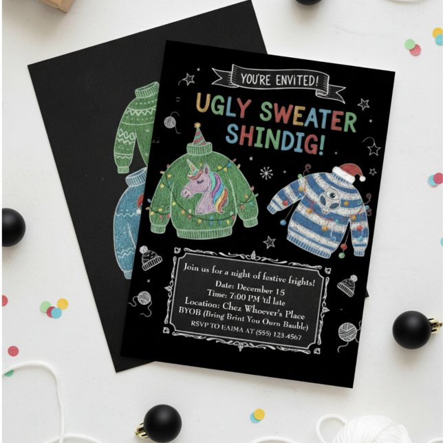 Chalkboard Ugly Sweater Shindig Quirky Invitation (Creator Uploaded)