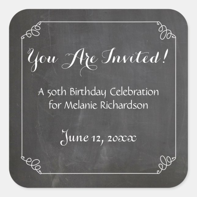 Chalkboard Vintage Flourish Frame 50th Birthday Square Sticker (Front)