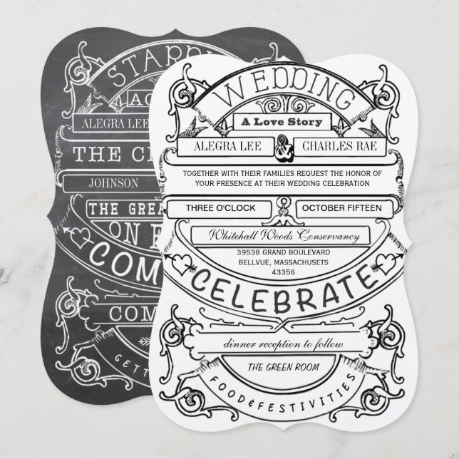 Chalkboard Vintage Modern Typography Wedding Invitation (Front/Back)