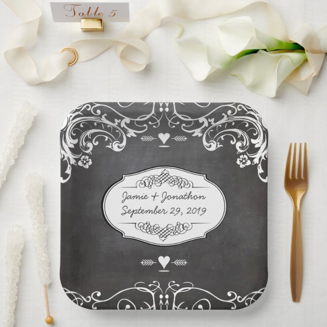 Chalkboard Vintage Modern Victorian Wedding Paper Plate (Wedding)