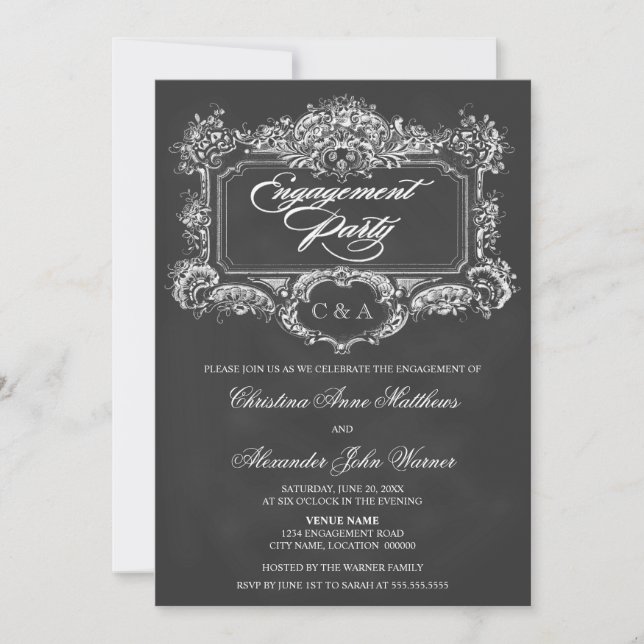 Chalkboard Vintage Ornament Engagement Party Invitation (Front)