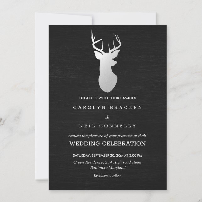 Chalkboard Vintage Silver Antler Wedding Invitation (Front)
