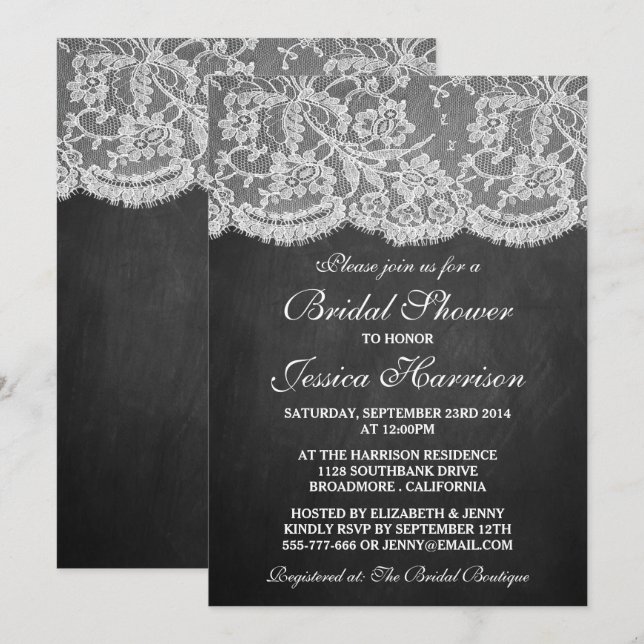 Chalkboard & Vintage White Lace Bridal Shower Invitation (Front/Back)