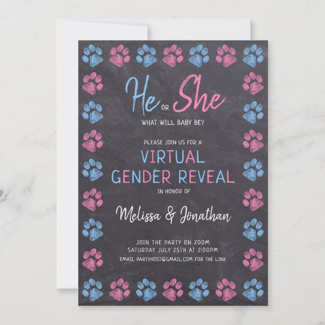 Chalkboard Virtual Gender Reveal Blue Pink Invitation (Front)