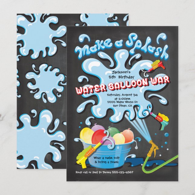 Chalkboard Water Balloon War Birthday party Invitation (Front/Back)