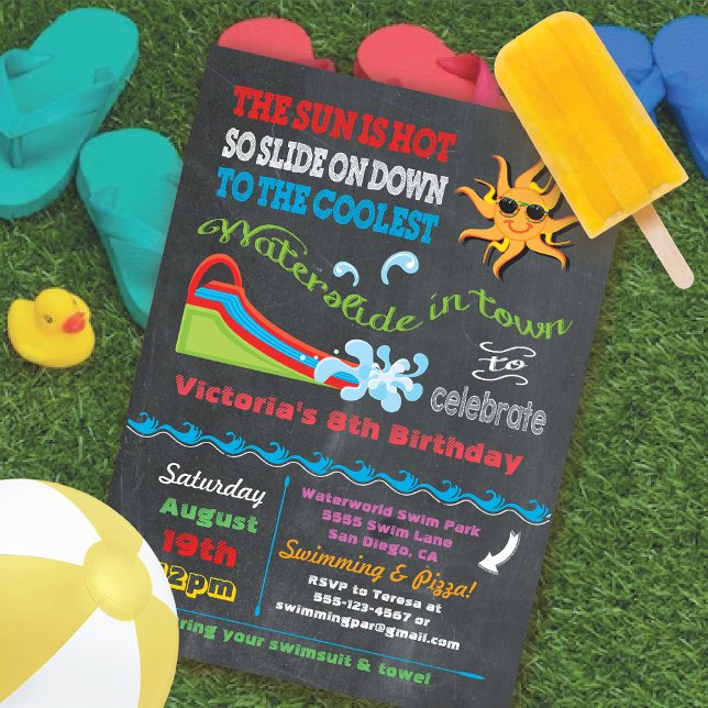Chalkboard Water slide Pool birthday party Invitation (Creator Uploaded)