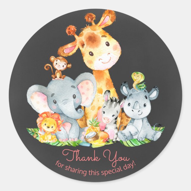 Chalkboard Watercol Cute Jungle Animals Thank You Classic Round Sticker (Front)
