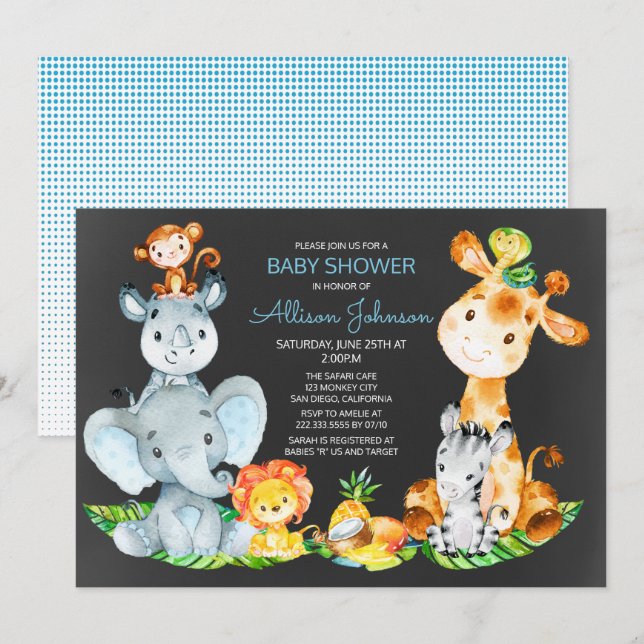 Chalkboard Watercol Cute Safari Jungle Baby Shower Invitation (Front/Back)