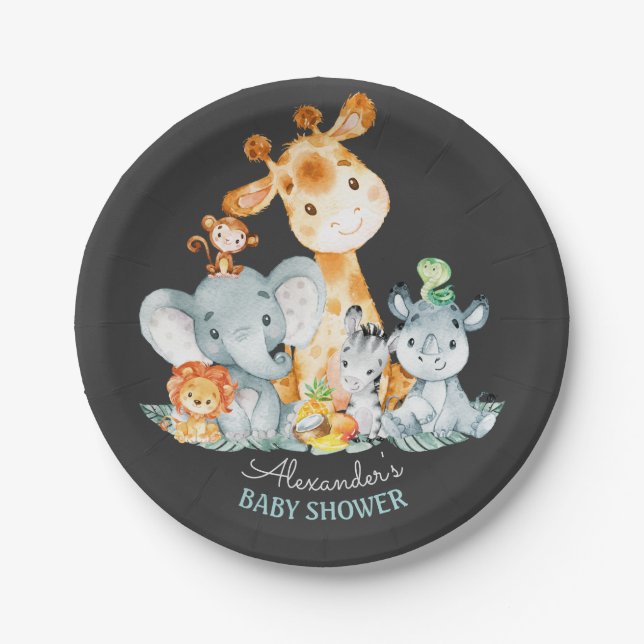 Chalkboard Watercol Cute Safari Jungle Baby Shower Paper Plate (Front)