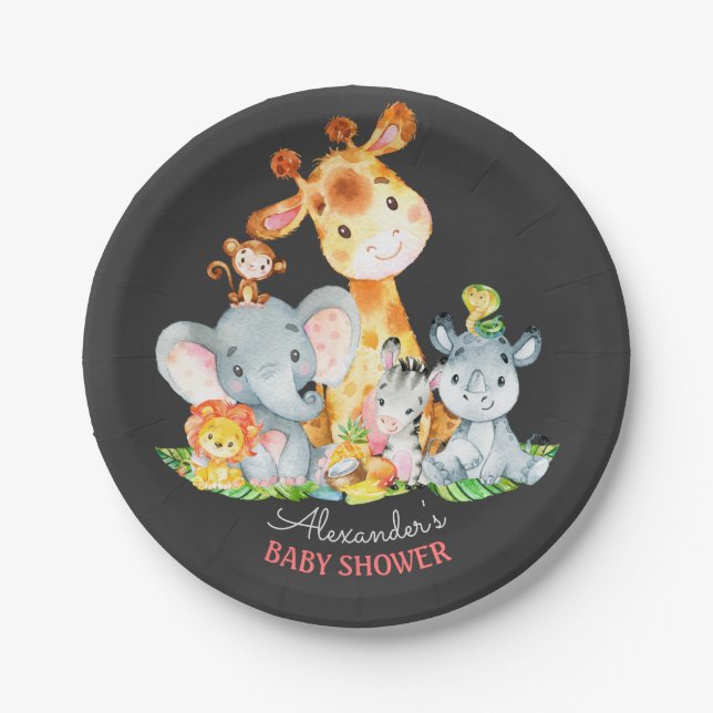Chalkboard Watercol Cute Safari Jungle Baby Shower Paper Plate (Front)