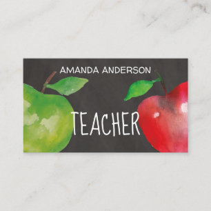 Chalkboard Watercolor Apples Modern Teacher Business Card