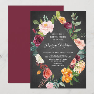 Chalkboard Watercolor Autumn Florals Baby Shower Invitation