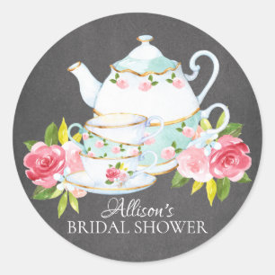 Chalkboard Watercolor Bridal ShowerTea Party Classic Round Sticker