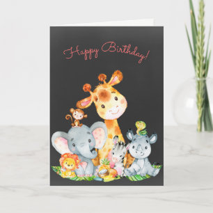 Chalkboard Watercolor Cute Jungle Animals Birthday Card